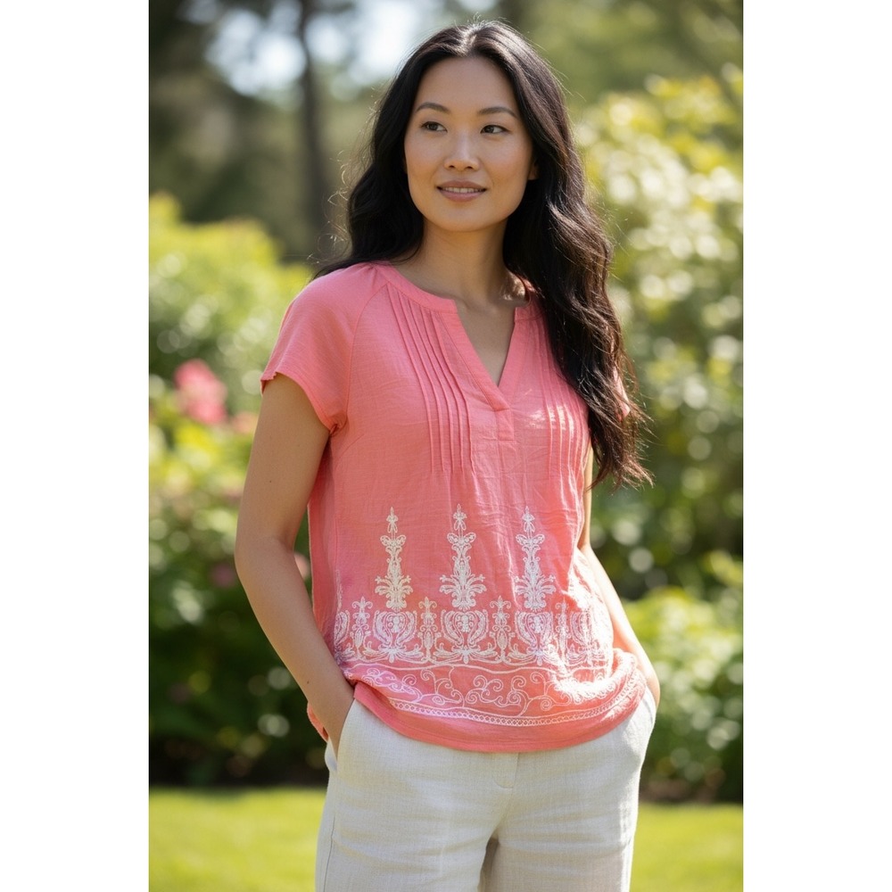 Retrology Coral Pink Embroidered Split Neck Pintuck Short Sleeve Blouse S Boho